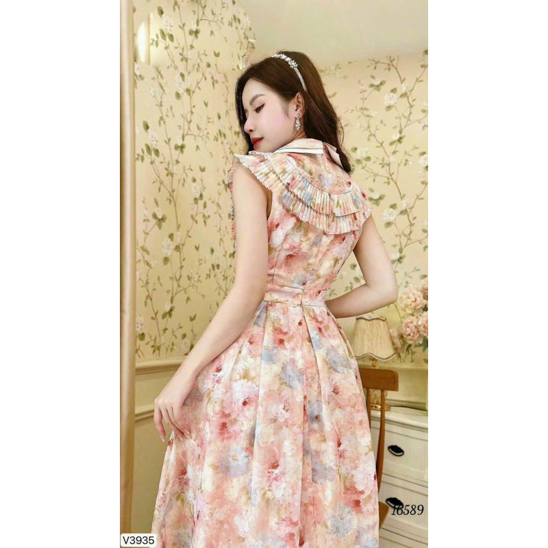 Đầm maxi xoè voan hoa đi biển siêu xinh - Free size