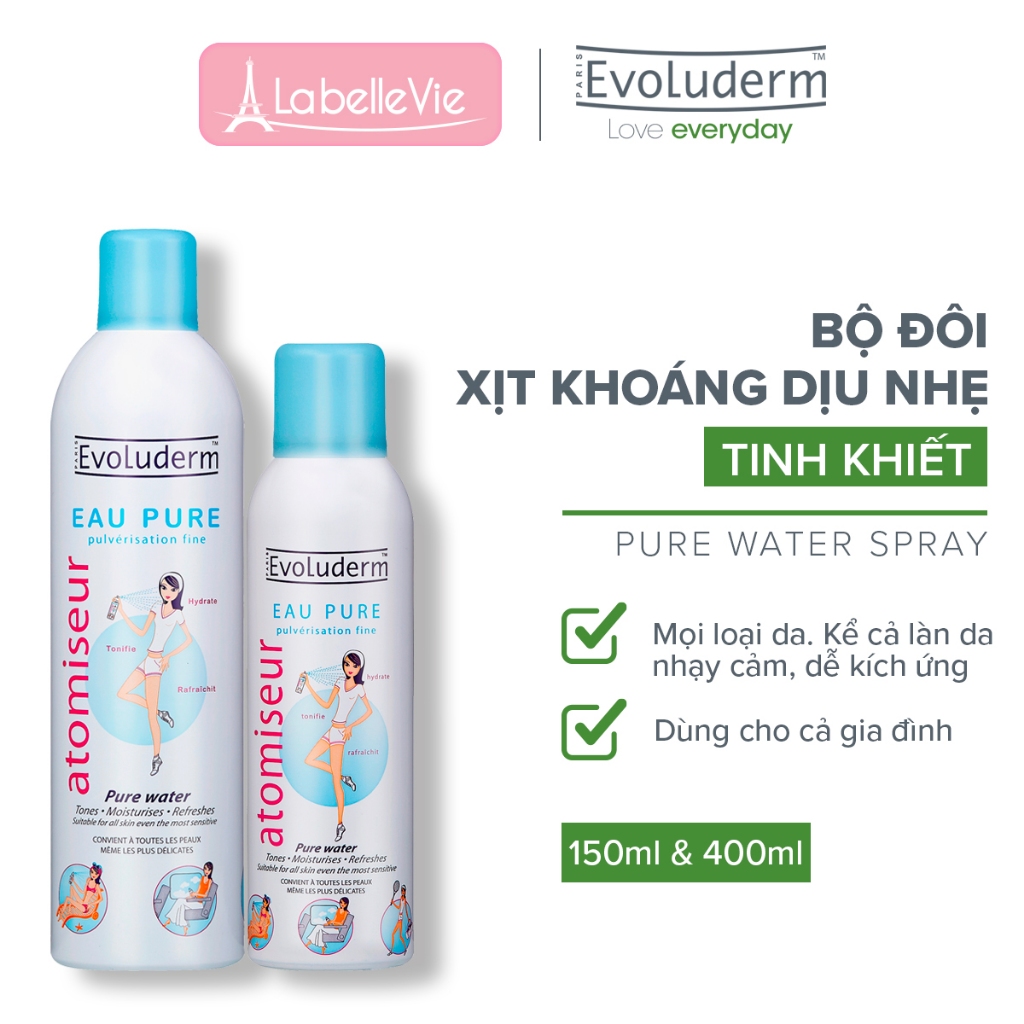 Bộ nước xịt khoáng Evoluderm dưỡng da, cấp ẩm tức thì, làm dịu da 400ml và 150ml