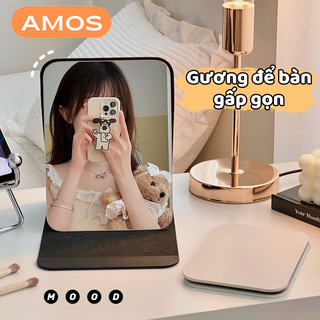 Gương để bàn bằng da PU có thể gấp gọn tiện dụng, Gương da đen gấp để bàn văn phòng, học sinh hoặc mang du lịch