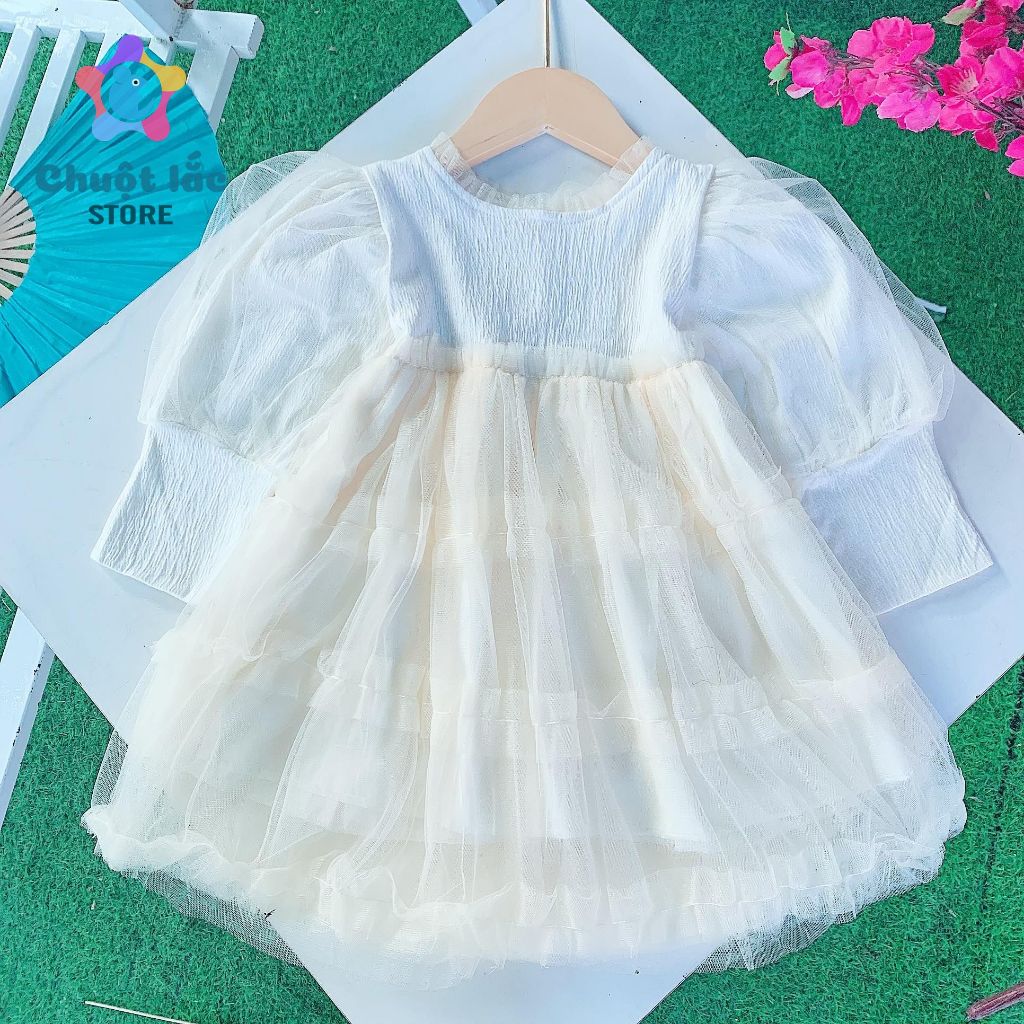 Váy Đầm Cho Bé Gái Dài Tay Vải Xốp Phối Ren Mềm Xinh Xắn Từ 8kg Đến 18kg Màu Kem