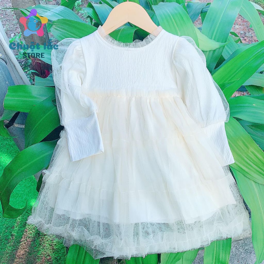 Váy Đầm Cho Bé Gái Dài Tay Vải Xốp Phối Ren Mềm Xinh Xắn Từ 8kg Đến 18kg Màu Kem