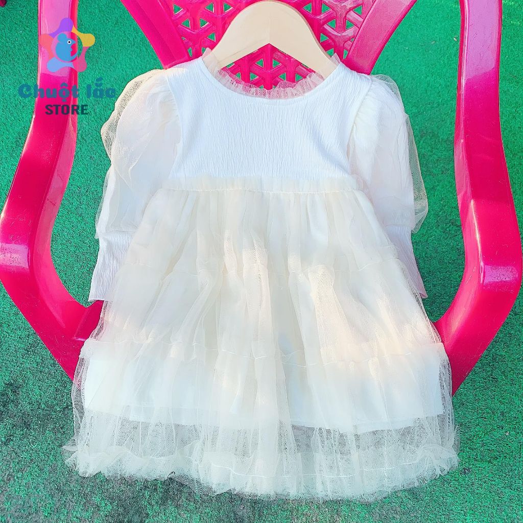 Váy Đầm Cho Bé Gái Dài Tay Vải Xốp Phối Ren Mềm Xinh Xắn Từ 8kg Đến 18kg Màu Kem