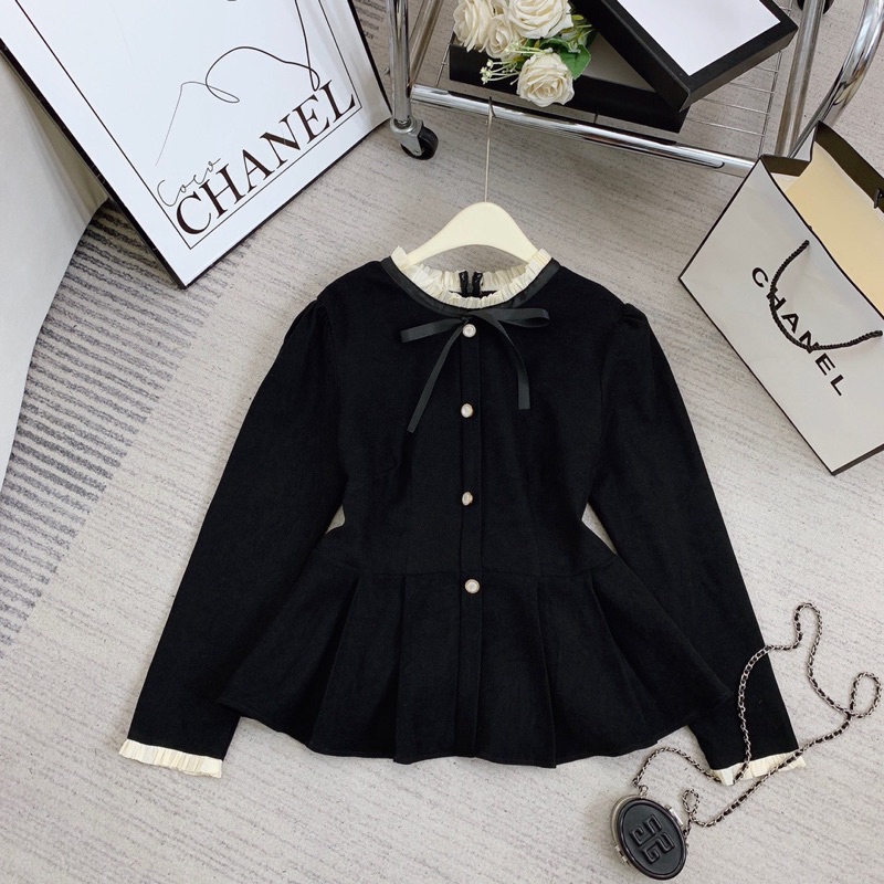 Áo Tiểu Thư Peplum Tay Dài BIGSIZE Nơ Cổ Chất Nhung Tăm _Tcstore98