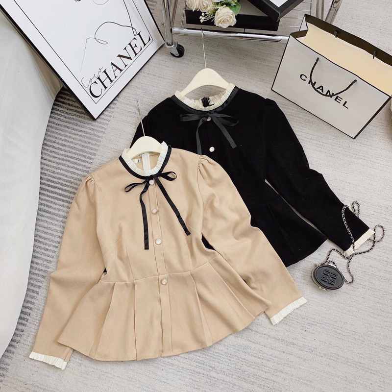 Áo Tiểu Thư Peplum Tay Dài BIGSIZE Nơ Cổ Chất Nhung Tăm _Tcstore98