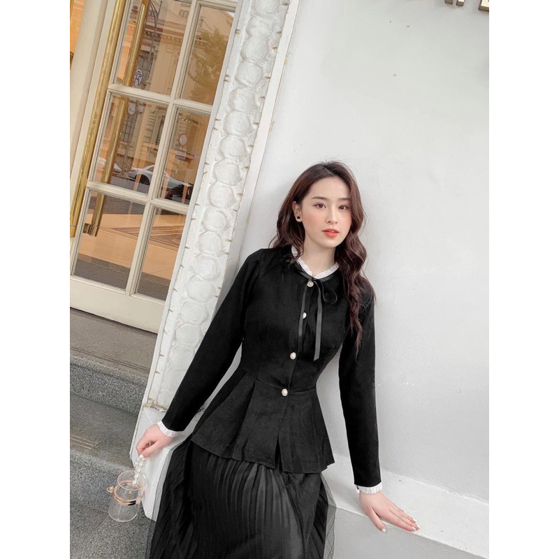 Áo Tiểu Thư Peplum Tay Dài BIGSIZE Nơ Cổ Chất Nhung Tăm _Tcstore98