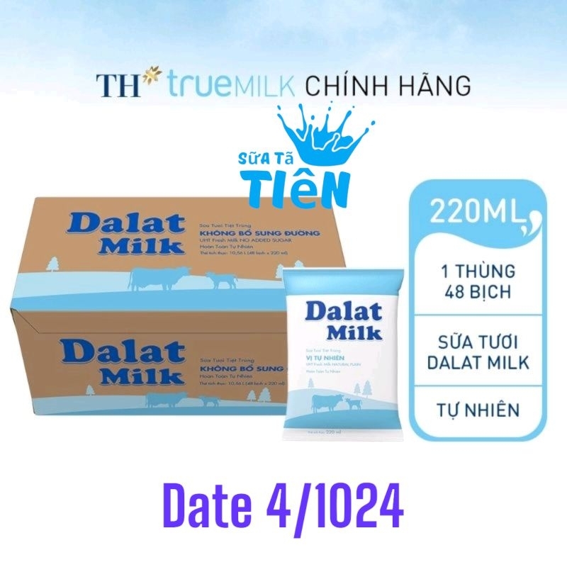 Thùng 48 Bịch Sữa Tươi Tiệt Trùng Dalat milk Không Đường 220ml "Giá bán đã trừ khuyến mãi"