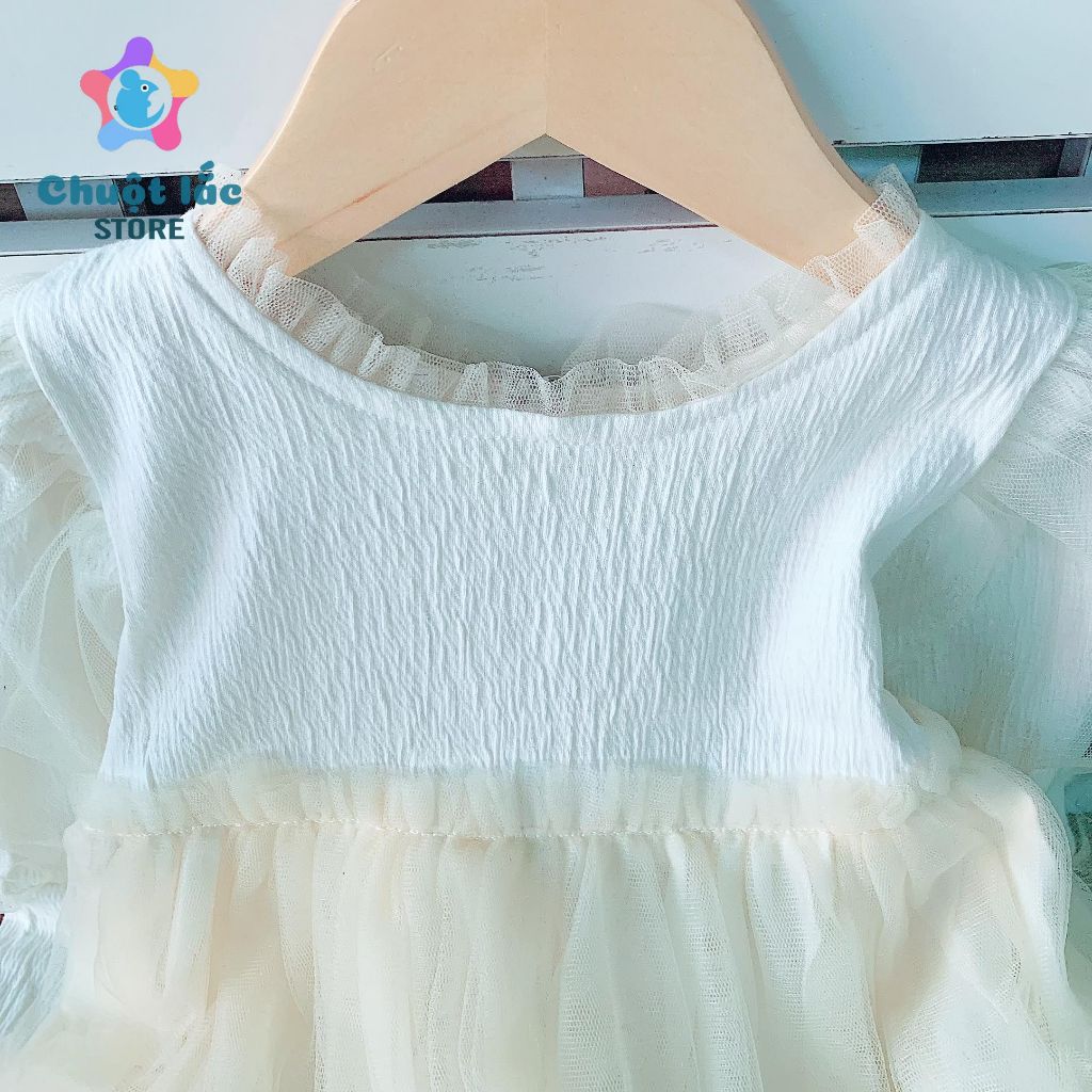 Váy Đầm Cho Bé Gái Dài Tay Vải Xốp Phối Ren Mềm Xinh Xắn Từ 8kg Đến 18kg Màu Kem