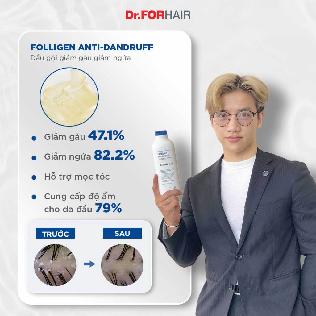 Dầu gội dành cho da đầu gàu ngứa làm sạch sâu Dr.FORHAIR Folligen Anti-Dandruff Shampoo 70ml