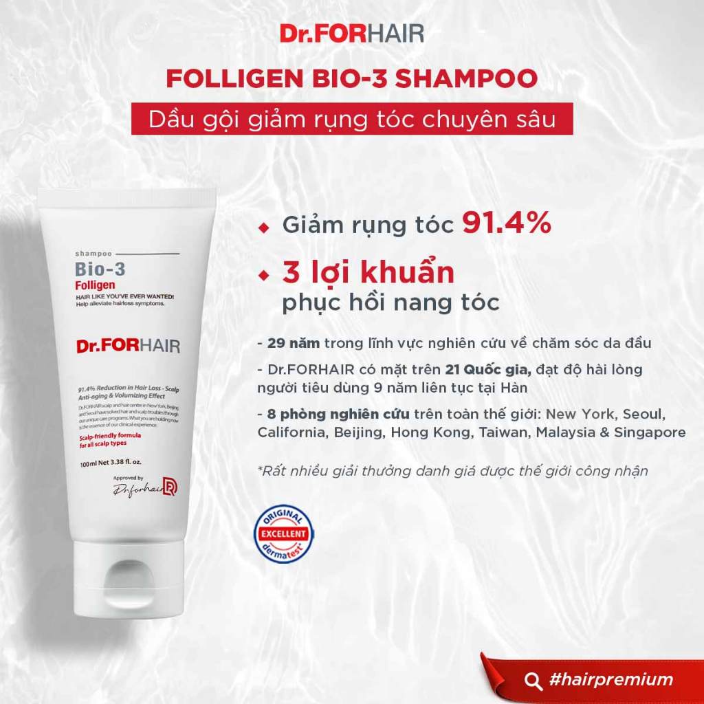 Dầu gội hỗ trợ ngăn ngừa rụng tóc chuyên sâu, giúp nuôi dưỡng da đầu Dr.FORHAIR Folligen BIO-3 Shampoo 70ml