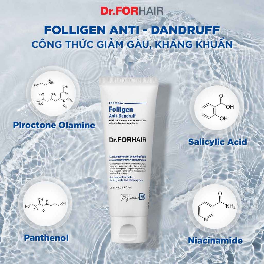 Dầu gội dành cho da đầu gàu ngứa làm sạch sâu Dr.FORHAIR Folligen Anti-Dandruff Shampoo 70ml