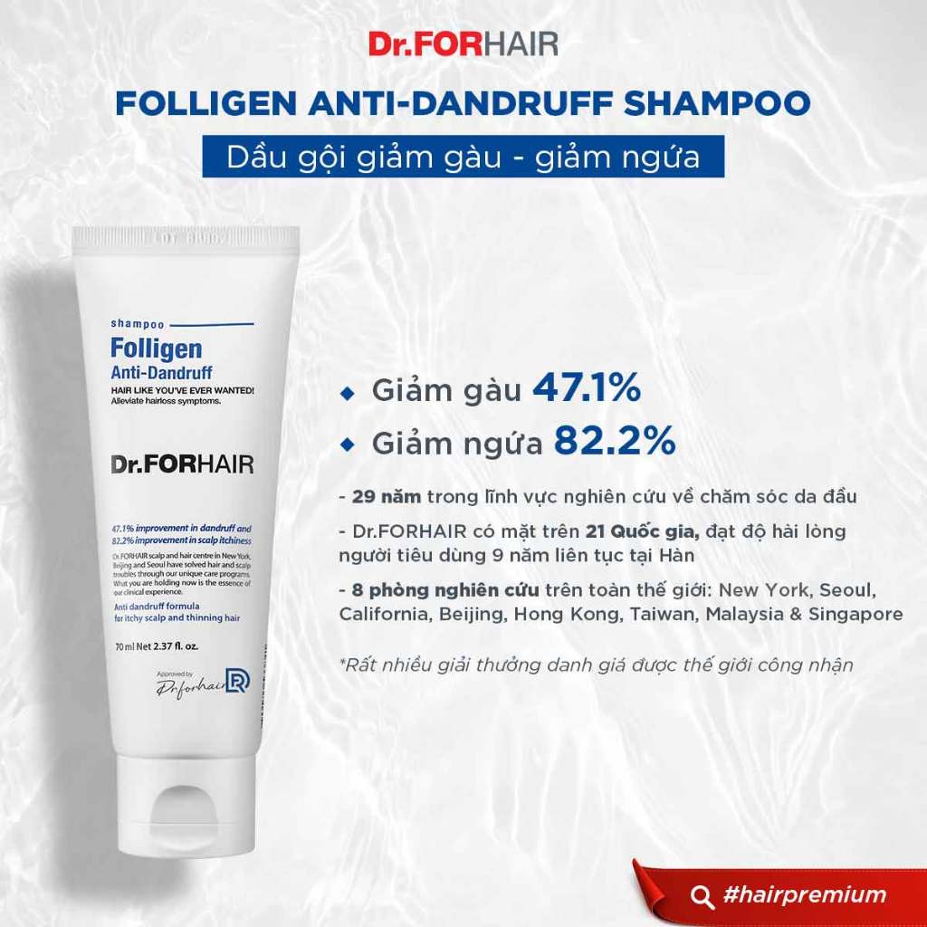 Dầu gội dành cho da đầu gàu ngứa làm sạch sâu Dr.FORHAIR Folligen Anti-Dandruff Shampoo 70ml