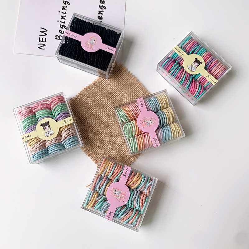 Hộp 100 Dây Buộc Tóc trơn Cho Bé Gái  SẮC M,ÀU