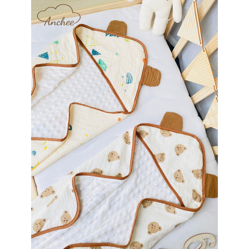 Ủ choàng muslin lót nhung hạt đậu cao cấp, kích thước 75x75cm nhiều hình ngộ nghĩnh đáng yêu cho bé