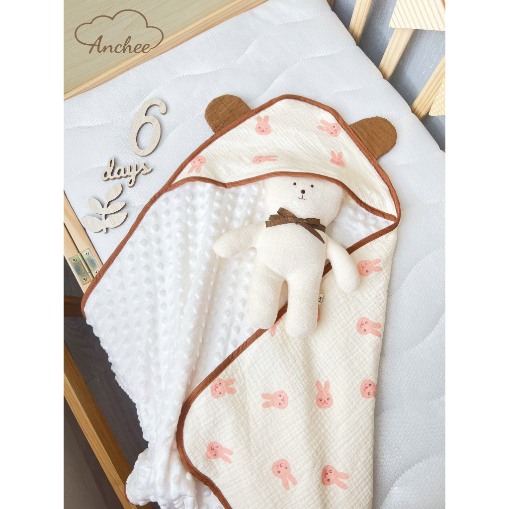 Ủ choàng muslin lót nhung hạt đậu cao cấp, kích thước 75x75cm nhiều hình ngộ nghĩnh đáng yêu cho bé