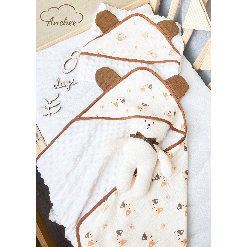 Ủ choàng muslin lót nhung hạt đậu cao cấp, kích thước 75x75cm nhiều hình ngộ nghĩnh đáng yêu cho bé