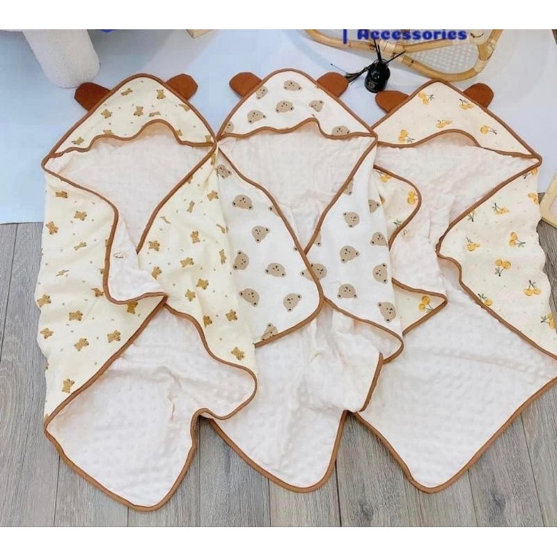 Ủ choàng muslin lót nhung hạt đậu cao cấp, kích thước 75x75cm nhiều hình ngộ nghĩnh đáng yêu cho bé