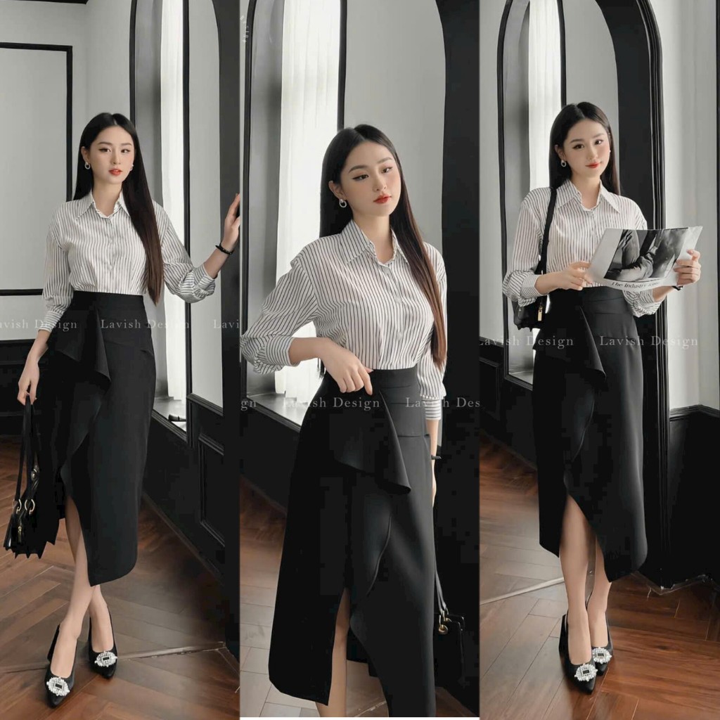 Set Váy Công Sở,Set Áo Sơ Mi Lụa Sọc Dài Tay Phối Chân Váy Bút Chì Vạt Lệch Nhún Bèo Hàn Quốc Che Bụng Siêu Hách Dáng