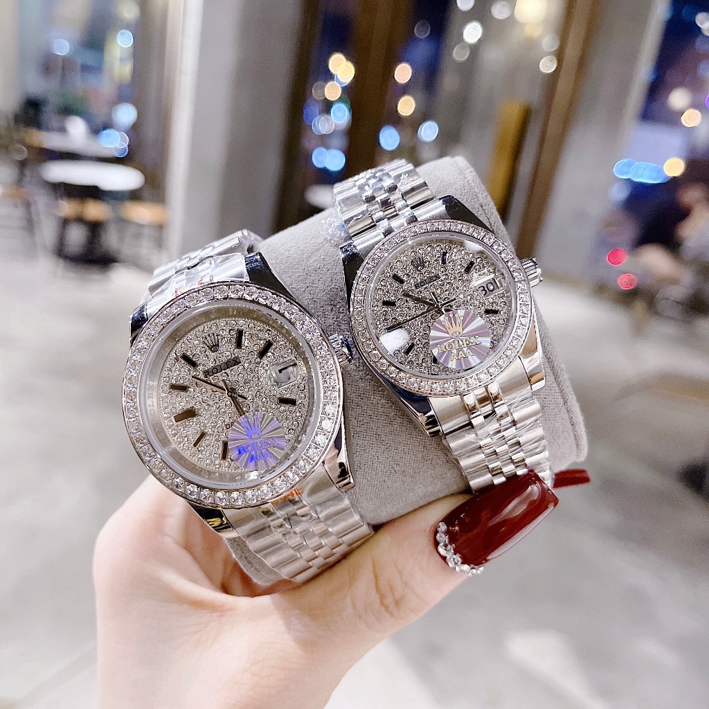 Combo đồng hồ đôi dây kim loại đeo tay chống nước cao cấp thời trang sang trọng R0lex nam 40mm nữ size 32mm , vỏ thép