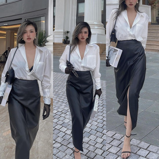 Chân váy da đen dài xẻ trước siêu hack dáng thiết kế by BUY.NOW