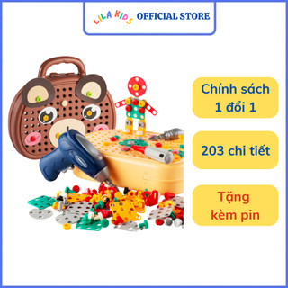 Đồ chơi kỹ sư gấu ghép hình 84 chi tiết cho bé - Lắp ráp hình có Tuavit chạy pin