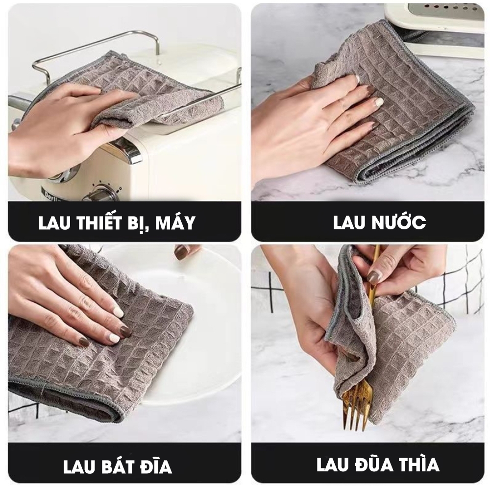 Combo 3 khăn lau bếp đa năng 2 mặt siêu thấm, khăn lau tay, lau kính, lau bát đĩa, cốc chén