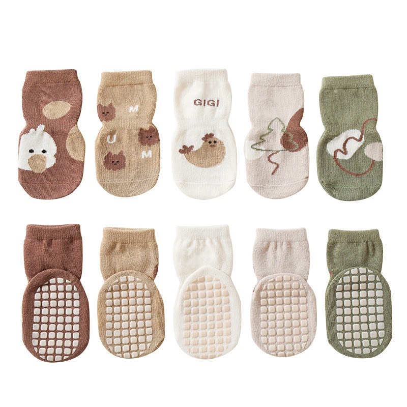 Set 5 Đôi Tất Trẻ Em Sơ Sinh Vịt Nâu Cotton Chống Trơn Trượt Cho Bé Trai, Bé Gái Đi Cực Xinh SS5