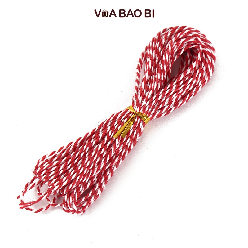 Dây đỏ trắng xoắn trang trí Giáng sinh 10m size 1-2mm, dây cotton làm thiệp, ruy băng gói quà trang trí Noel