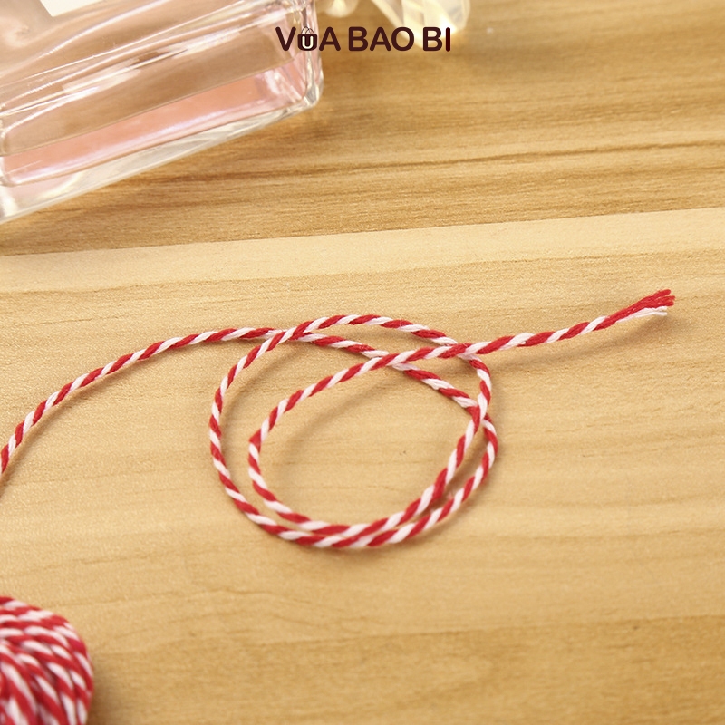 Dây đỏ trắng xoắn trang trí Giáng sinh 10m size 1-2mm, dây cotton làm thiệp, ruy băng gói quà trang trí Noel