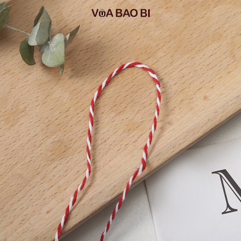 Dây đỏ trắng xoắn trang trí Giáng sinh 10m size 1-2mm, dây cotton làm thiệp, ruy băng gói quà trang trí Noel