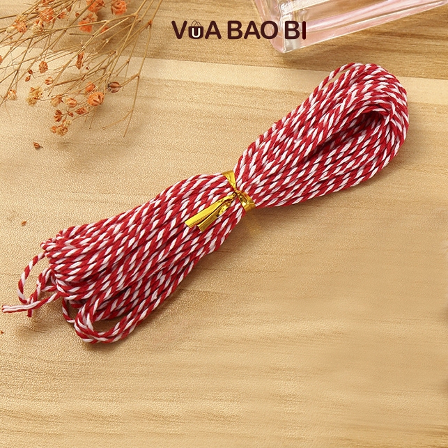 Dây đỏ trắng xoắn trang trí Giáng sinh 10m size 1-2mm, dây cotton làm thiệp, ruy băng gói quà trang trí Noel