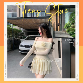 Đầm trễ vai tay dài đính hoa hàng chuẩn! transstore