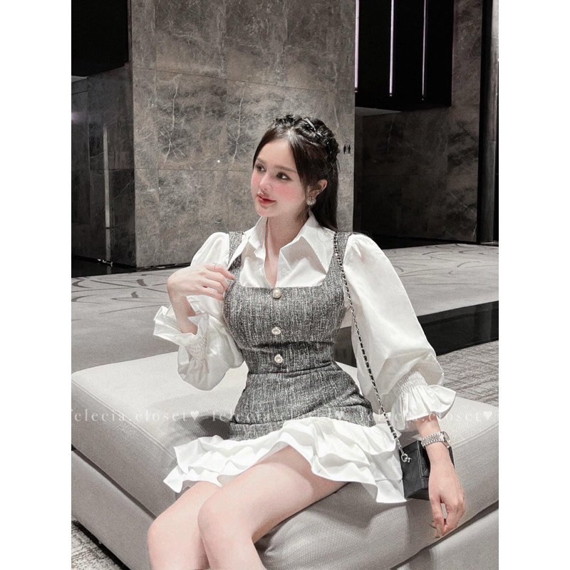 Váy sơ mi đuôi bèo tầng phối gile dạ tweed