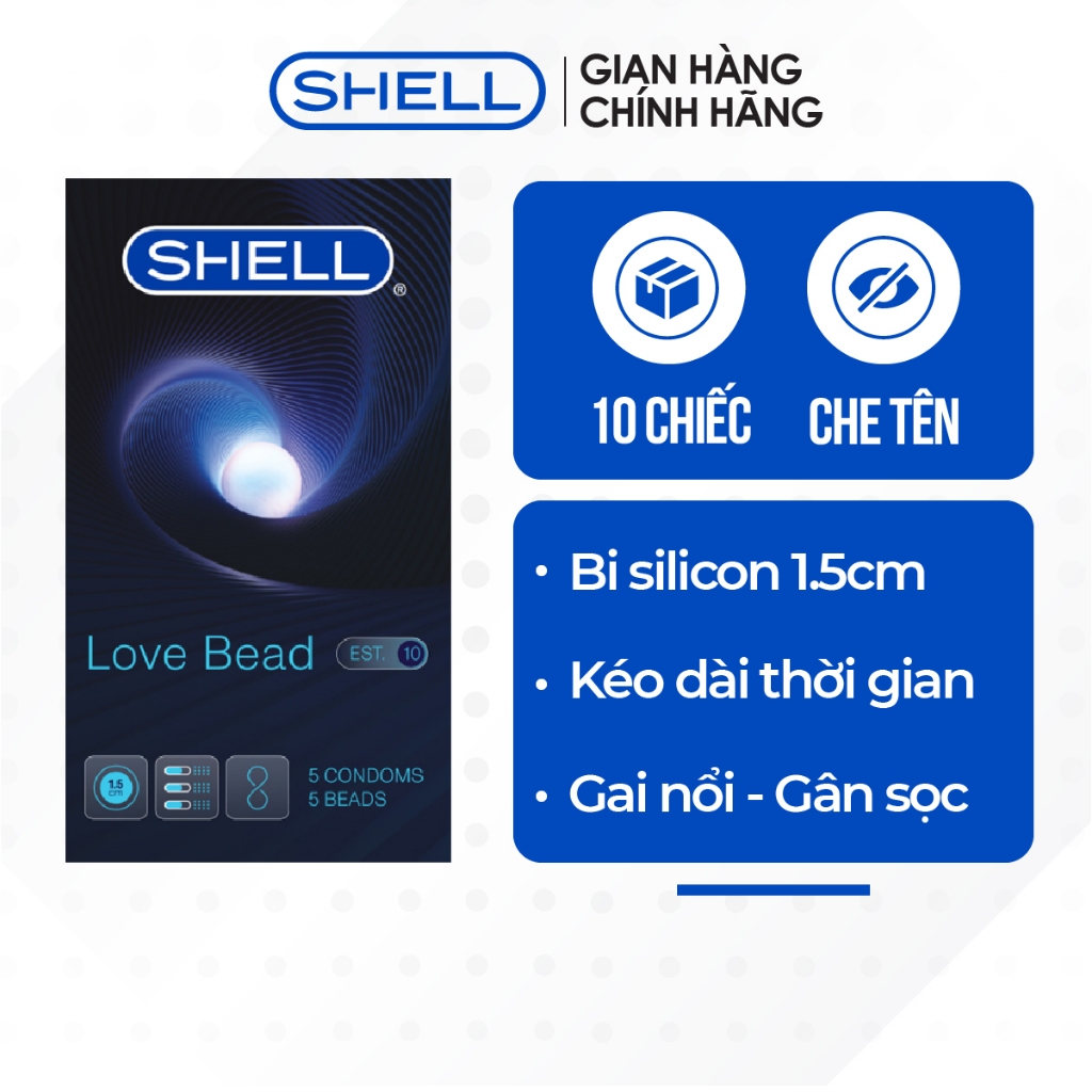 Bao cao su Shell Love Bead gân nổi, kéo dài thời gian, bi tăng 1.5cm hộp 5 cái
