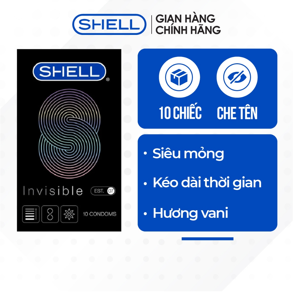 Bao cao su Shell Invisible siêu mỏng, chống tuột, kéo dài thời gian hộp 10 cái