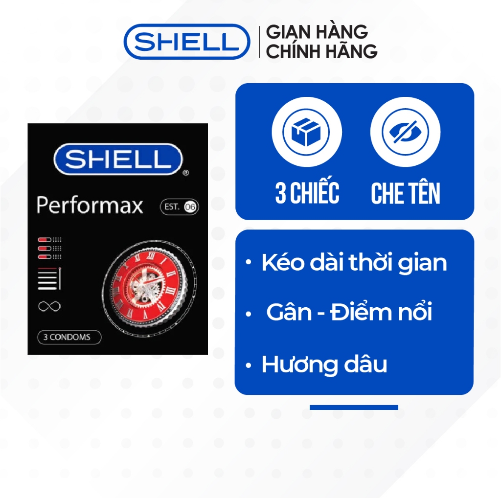 Bao cao su Shell Performax 6 in 1 kéo dài thời gian hộp 3 cái