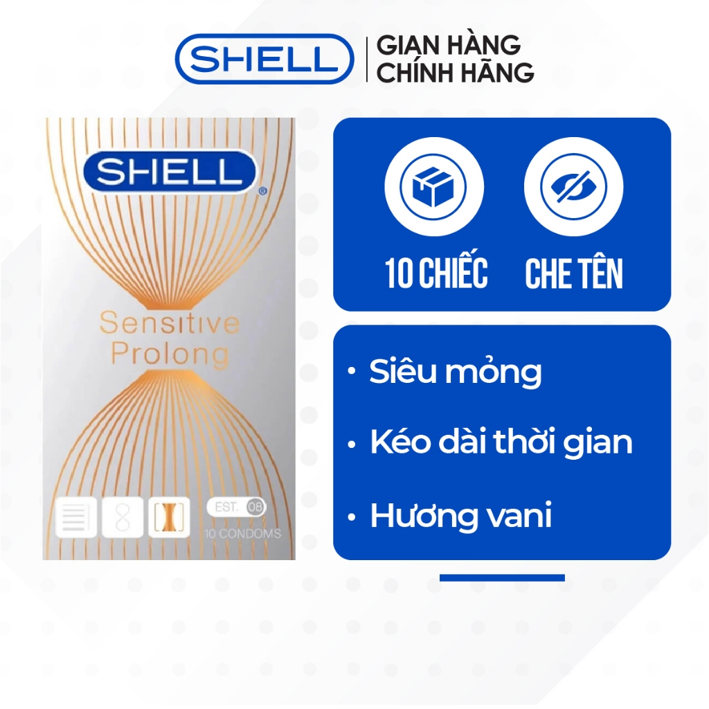 Bao cao su Shell Sensitive Prolong siêu mỏng 0.03mm, kéo dài thời gian hộp 10 cái