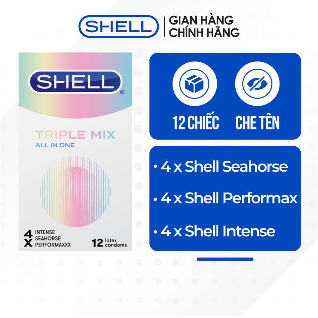 Bao cao su Shell Triple Mix siêu mỏng, mát lạnh, gân gai hộp 12 cái
