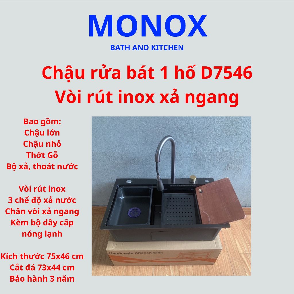 [RẺ NHẤT] Chậu rửa bát 1 hố inox 304, vòi rút thác nước xả ngang đa năng, giá rẻ