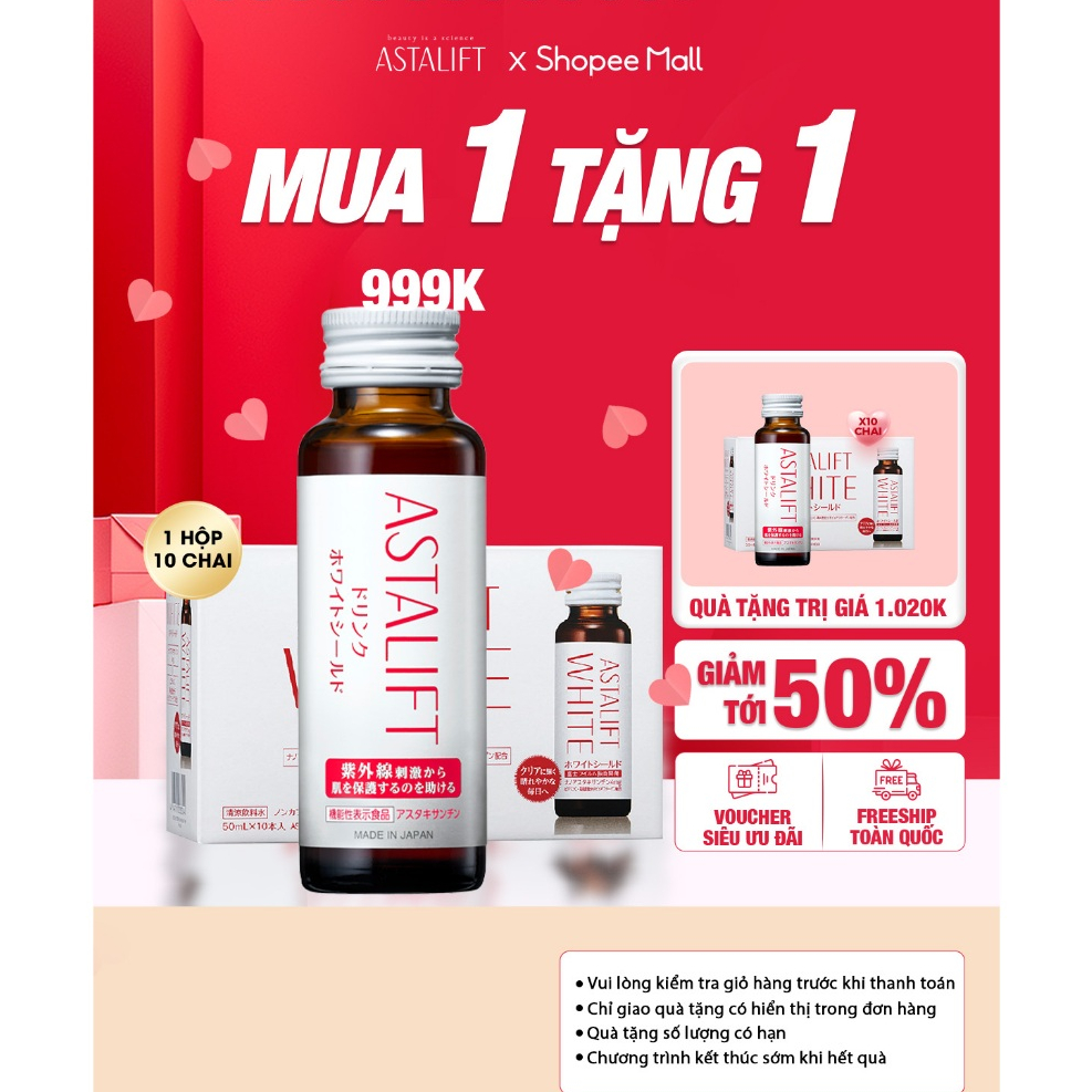 Nước Uống Ngăn Ngừa Lão Hoá Trắng Da Chống Nắng Nhật Bản ASTALIFT White Shield Nano Astaxanthin Vitamin C (30ml x10)