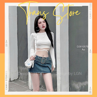 Áo croptop tay dài phối dây cột eo ngực đính tag cá tính!