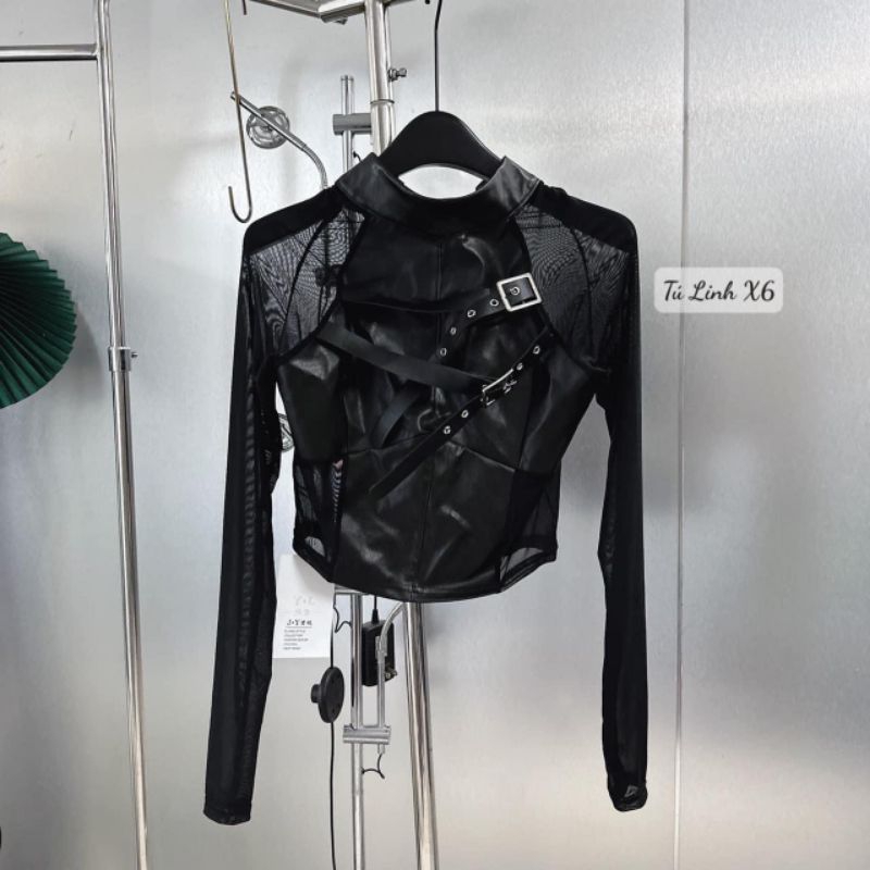 Áo lưới đáp da ngắn -Áo lưới Dài tay sexy Crop