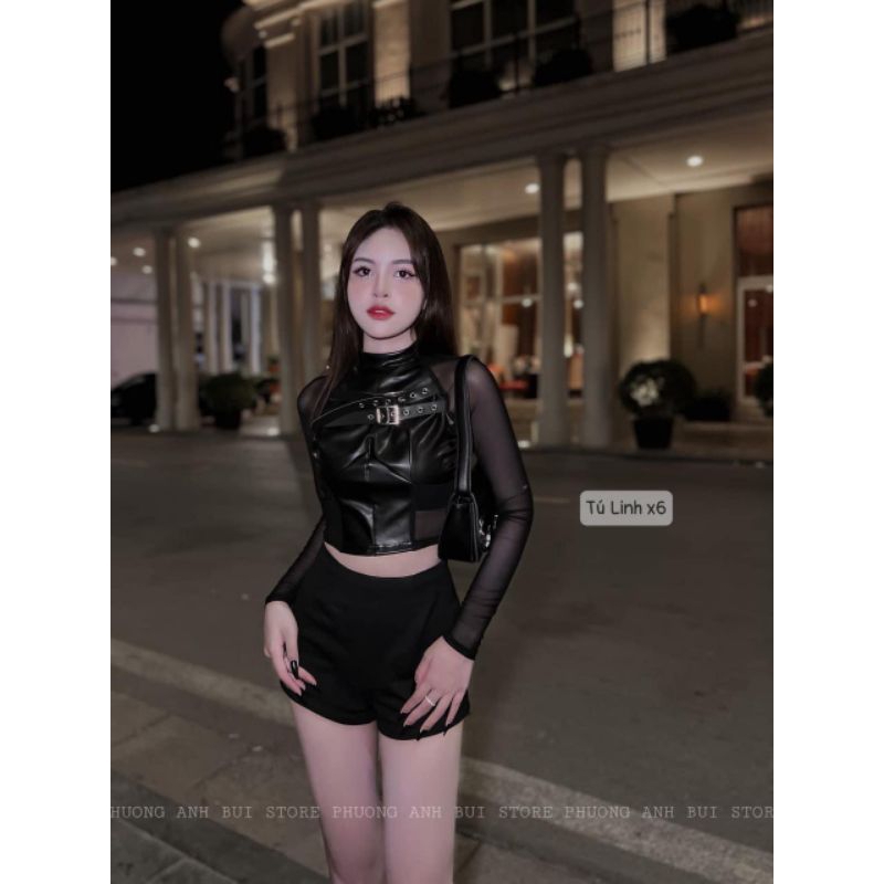 Áo lưới đáp da ngắn -Áo lưới Dài tay sexy Crop