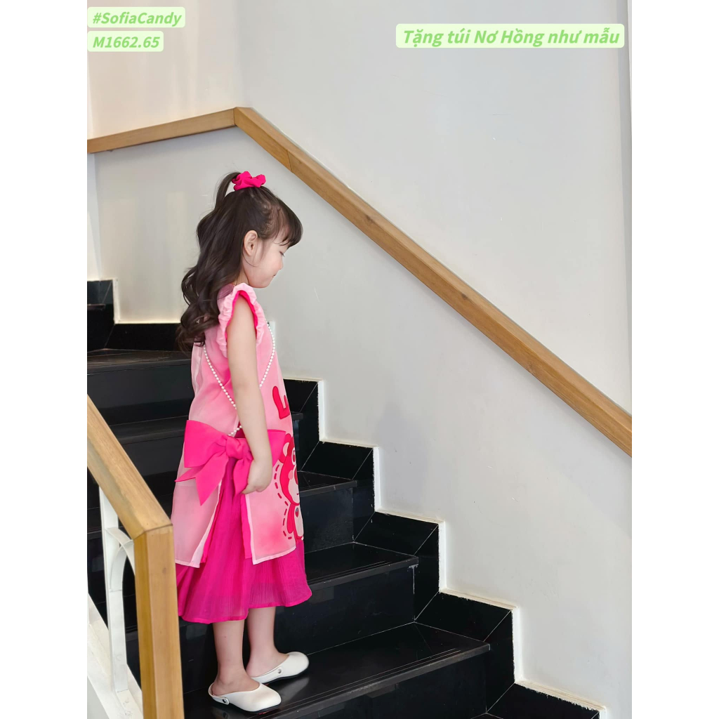 Set áo dài cách tân gấu dâu màu hồng kèm túi nơ cho bé gái