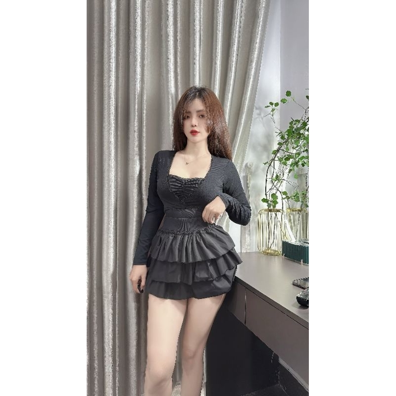 Sét 3 món áo phối viền ren + chân váy tầng