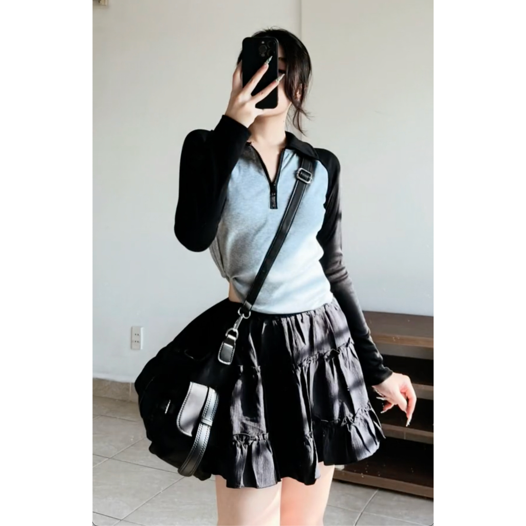 Áo raglan polo cổ zip dài tay peonyb nữ - Thun kiểu dáng babytee ôm body bánh bèo tiểu thư hotgirl phong cách năng động