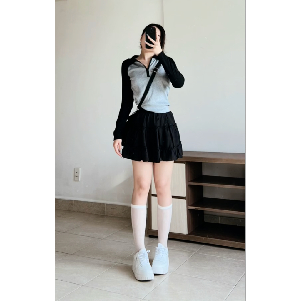 Áo raglan polo cổ zip dài tay peonyb nữ - Thun kiểu dáng babytee ôm body bánh bèo tiểu thư hotgirl phong cách năng động
