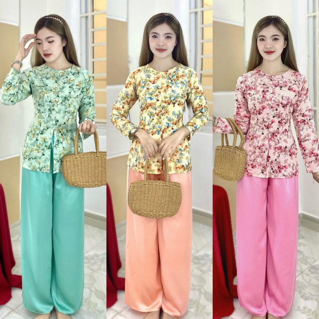 Áo Lẻ bà ba lụa mango hoa tay dài cổ tròn tay dài L1