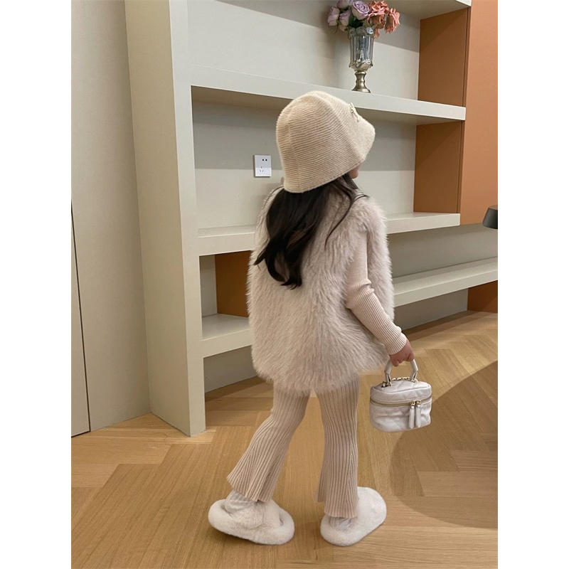 Set 3 món áo len + quần len loe + áo gile lông cao cấp QC cho bé gái 14-26kg