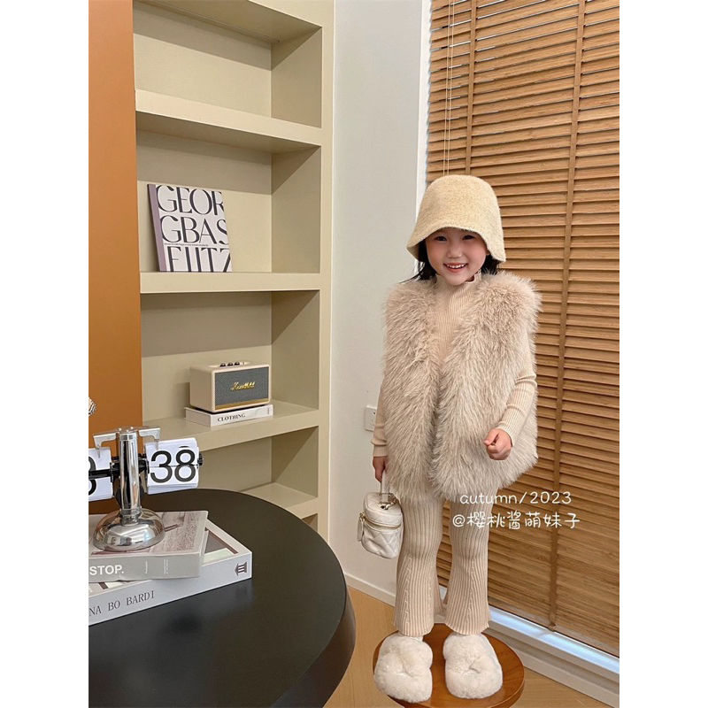 Set 3 món áo len + quần len loe + áo gile lông cao cấp QC cho bé gái 14-26kg