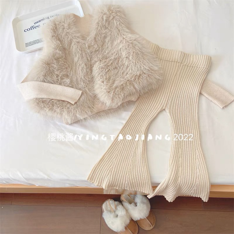 Set 3 món áo len + quần len loe + áo gile lông cao cấp QC cho bé gái 14-26kg